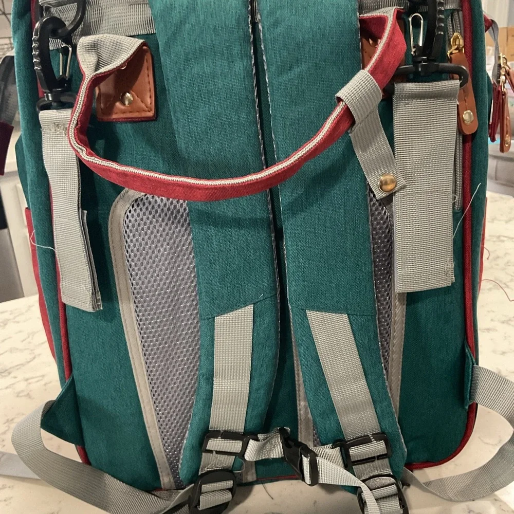 NWOT Good Mum Quilted Multi-Color Backpack w Changing Station USB. Teal Navy Red